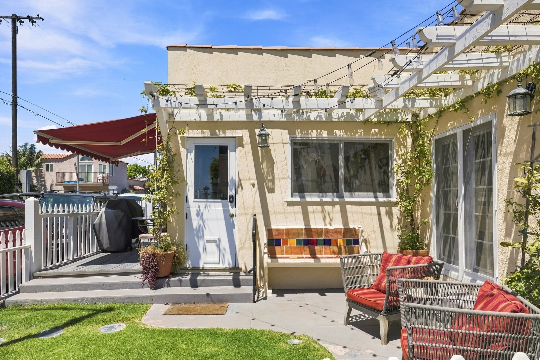 Outdoor seating beneath a pergola